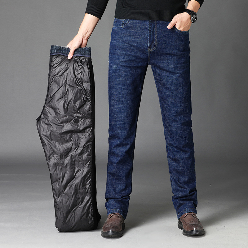 Drop shipping of high-end men's denim down-filled winter trousers, mid-length warm pants, thickened, slim fit, suitable for outerwear.