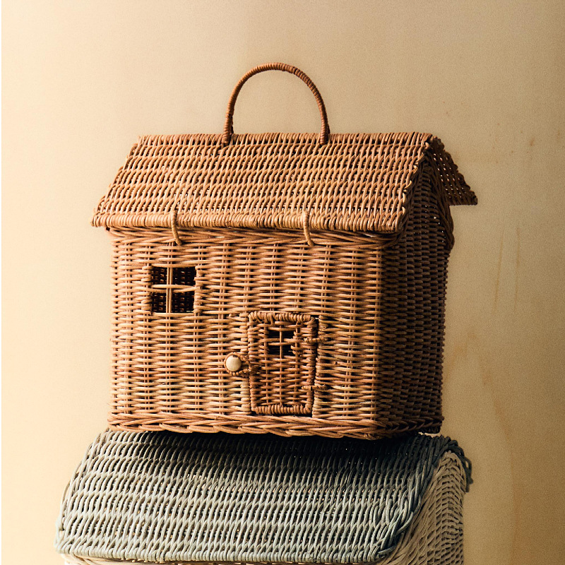 Transfronterizos artesanos tejiendo caña bolsa pequeña casa para niños bolsas de mano juguetes canasta adornos de fotografía infantil