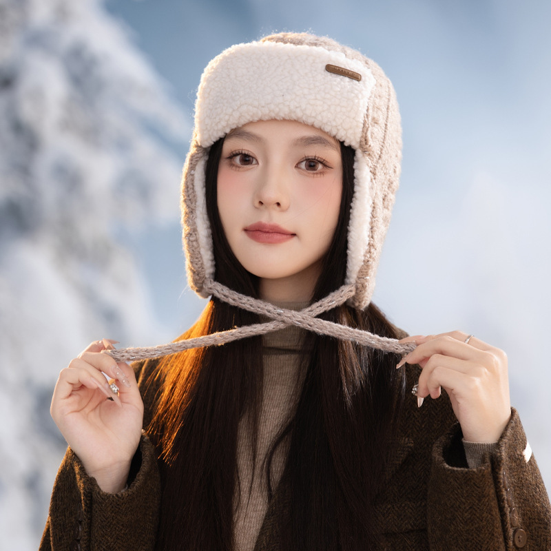 秋冬季帽子女款百搭针织保暖帽加绒加厚防寒雷锋帽系带户外防风帽|undefined