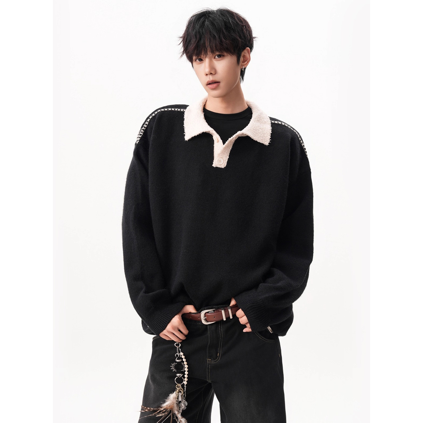 Suéter de Punto con Cuello Polo para Hombre Poliéster Transpirable Térmico para Uso Casual image 3