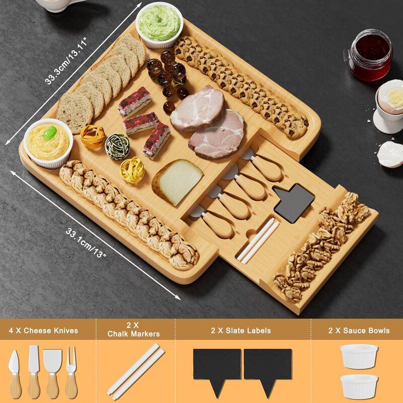 Bamboo Cheese Board Set Portable Party Charcuterie Plate Home Wooden Cheese Pizza Board with Knife