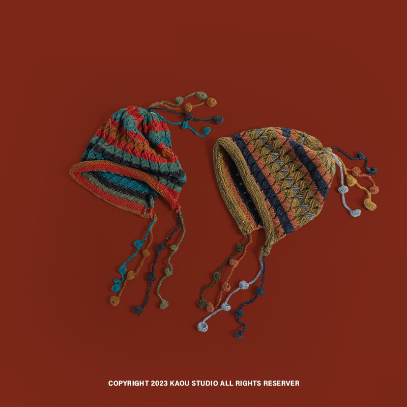 Japonés retro hecho a mano ganchillo nicho borla sombrero de lana hembra otoño e invierno cálido protección del oído sombrero de punto entre padres e hijos sombrero frío