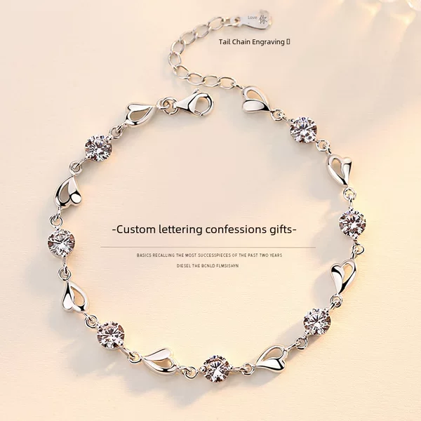 Korean Style Silver-Plated Forest Style Literary Blue Crystal Heart-Shaped Bracelet for Women with Diamonds Blue Zircon Love Bracelet Jewelry Wholesale