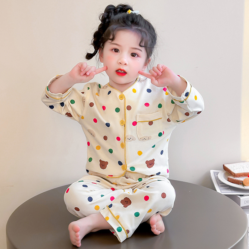 女の子の秋のパジャマ 2025 新しいスタイルの女の子ファッショナブルでかわいい水玉模様のホーム服子供の春と秋のホームスーツ|undefined