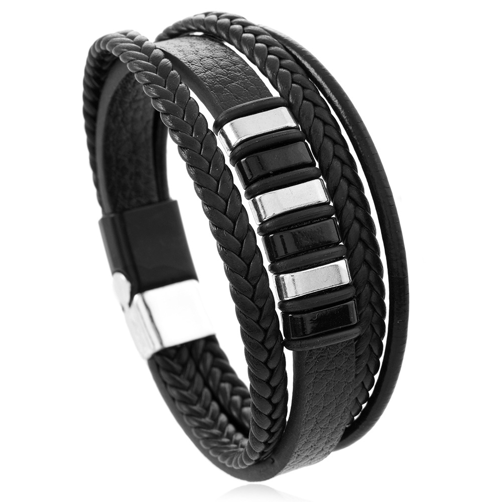 TEMU Xiyin una variedad de puntos estilo retro europeo y americano aleación lineal hebilla de succión magnética pulsera de cuero para hombre tejida a mano