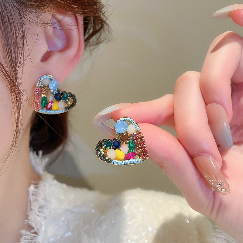 Cute Heart Shape Copper Plating Rhinestones Earrings 1 Pair