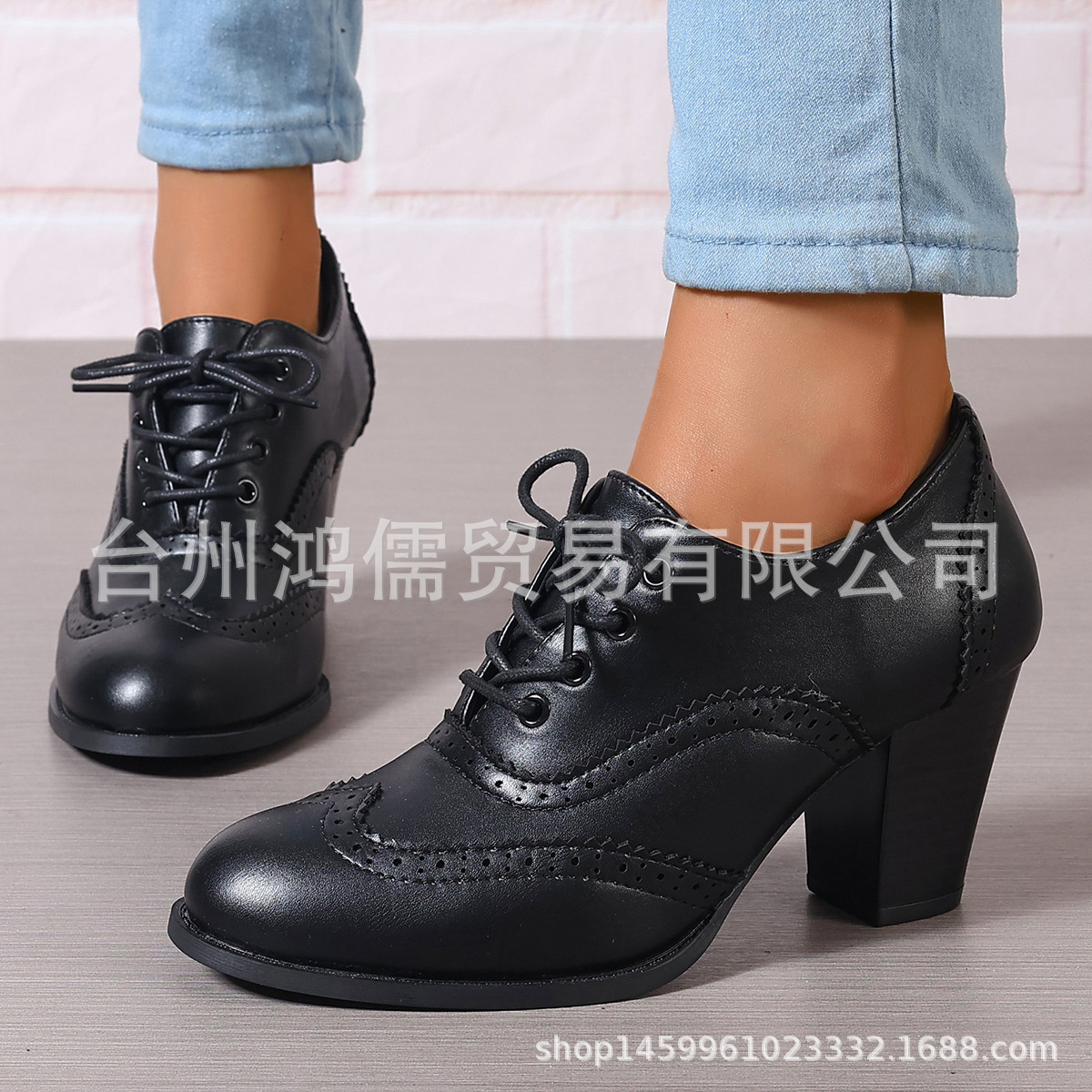 2025新款外贸大码亚马逊圆头系带女式时装单鞋欧美女式高跟鞋