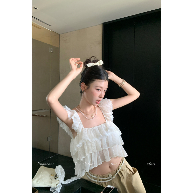 Sweet and Playful Milk Cake-Style Dress with Square Neck, Pleated Multi-Layered Ruffles, Short Sleeveless Top, and Vest Sweet and Playful Milk Cake-Style Dress with Square Neck, Pleated Multi-Layered Ruffles, Short Sleeveless Top, and Vest