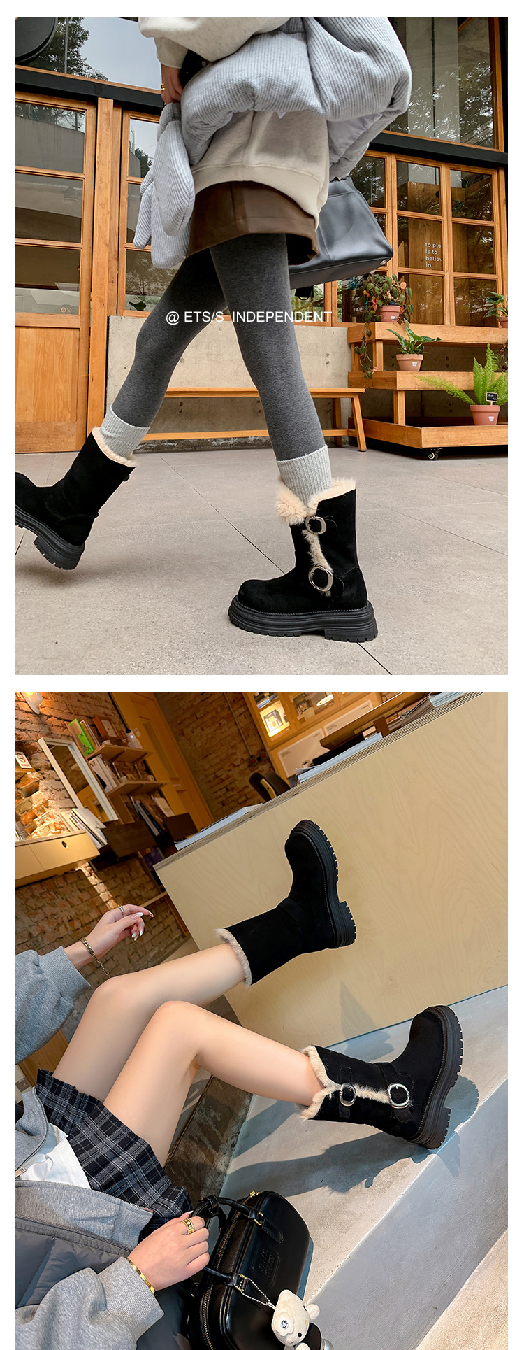 Boot nữ đế dày khóa kim loại da lộn, kiểu hai lớp gấp, lót bông giữ ấm, cổ ngắn — màu đen chi tiết 24