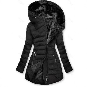 亚马逊TEMU跨境爆款欧美秋冬女士外套收腰修身连帽时尚中长款棉服