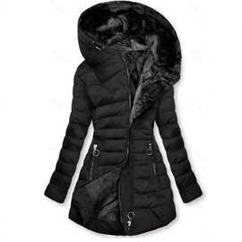 亚马逊TEMU跨境爆款欧美秋冬女士外套收腰修身连帽时尚中长款棉服