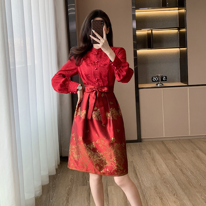 Shenzhen Nanyou Red New Chinese Style Dress Women's 2024 New Spring Chinese Style Evening Dress Horse Face Dress