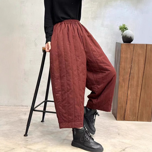 2024 Winter Korean Style Loose Retro Style Stretch Waist Solid Color Quilted Harlan Ankle-length Pants All-match Casual Cotton Pants for Women