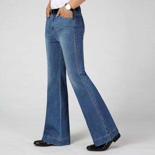 Summer Men's Denim Mid-Waist Big Bell-bottom Jeans with Micro-elastic Denim Bell-bottom Trousers, Fitted Cotton Elastic Wide-leg Pants