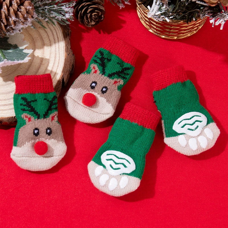 Рождественские носки для домашних животных, рождественские носки с изображением лося, мультяшные носки для домашних животных, чехлы для ног с защитой от царапин, носки для собак, рождественские хлопковые носки