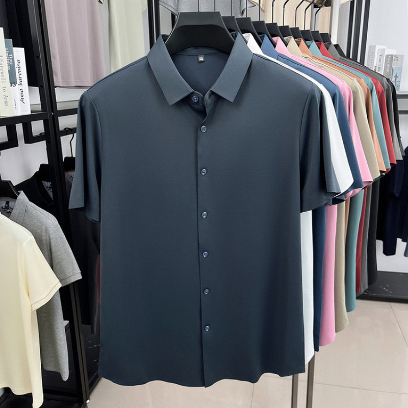 Camisa de manga corta para hombre 2025 verano blusa delgada media manga casual de seda de hielo sin costuras para hombre camisa de lino de seda de morera