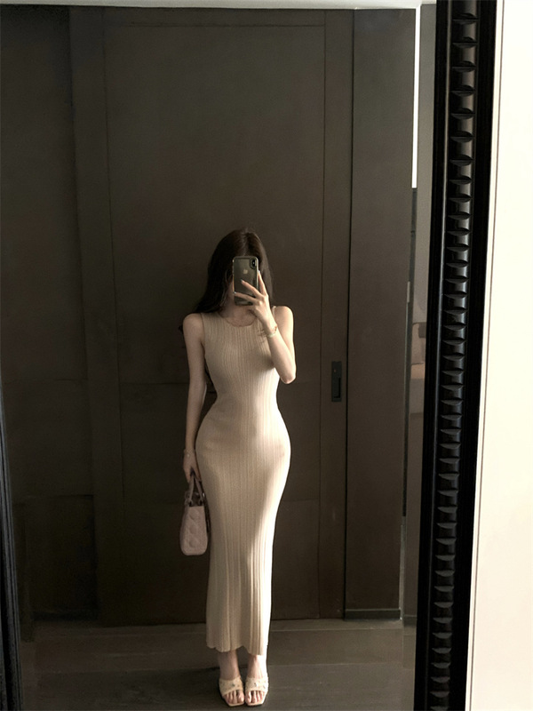 纯欲御姐风无袖背心连衣裙女夏季紫色收腰开叉裙子显身材包臀长裙|undefined