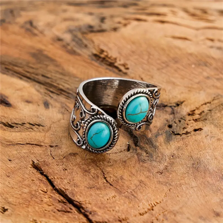 Qixun European and American Bohemian Style Ring for Women, Adjustable Vintage Jewelry, Imitation Turquoise Jewelry