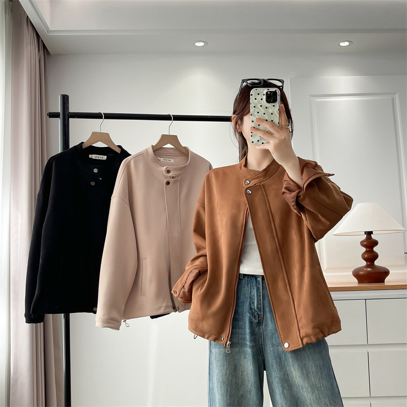 2025 Autumn Large Size Suede Jacket Women's Stand Collar Casual Jacket Easiest for Match Fat Girl Fashion Top Cardigan 686