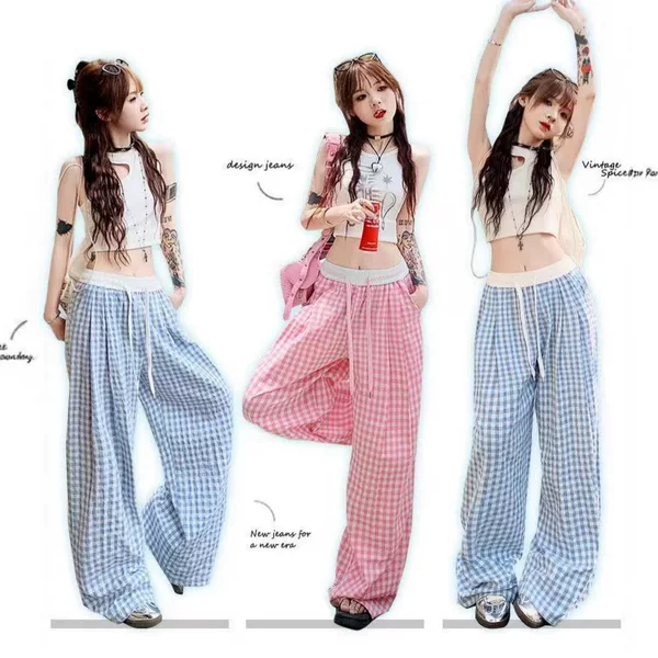 Carefully Selected Popular Plaid Print Wide-Leg Pants for Women, Casual Summer Thin Sleep Pants, Walking Pants, Loose Straight-Leg Home Pants
