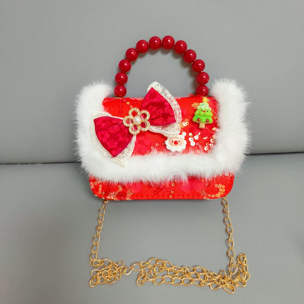 Gran bolso de perla de arco rojo, Santa Claus, bolso de Año Nuevo, cartera de Año Nuevo, hombro, pequeño viento fragante