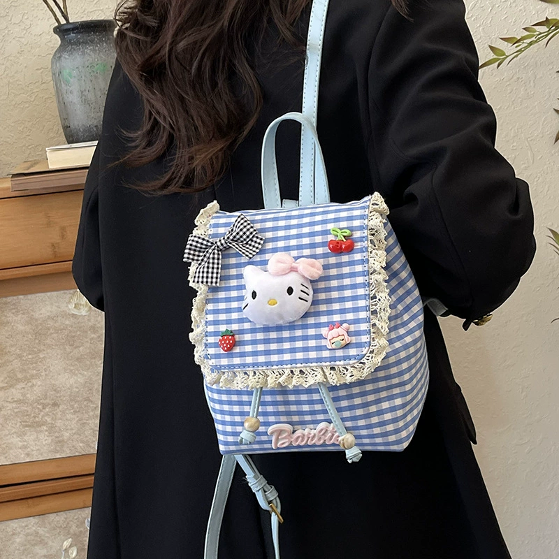Мини‑рюкзак (Hello Kitty) в клетку с кружевом, 17×9×21 см, лёгкий 0,27 кг