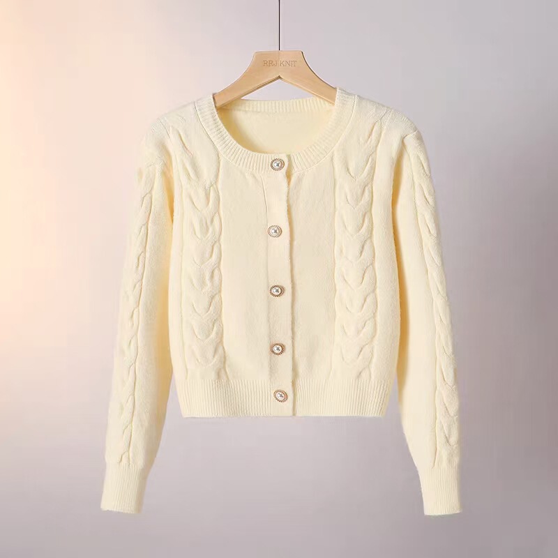 Academy-Style Versatile Short Knit Sweater for Women, New Spring Collection, Petite Cable-Knit Top, Gray Sweater Jacket, Versatile