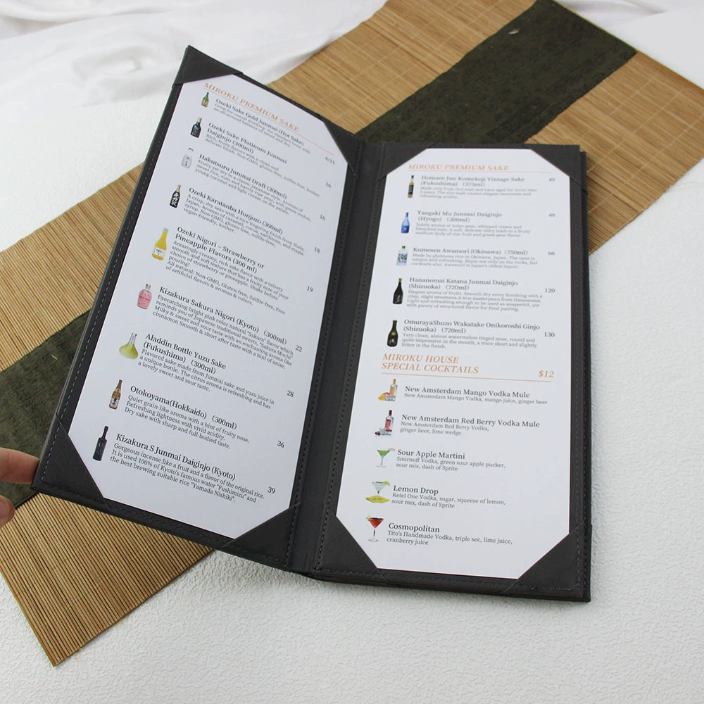 Индивидуальный рецепт, прайс-лист для рассыпных листов, кожаная вставка, винный список, список напитков, а-ля-карте меню, этот кулинарный справочник, это меню.