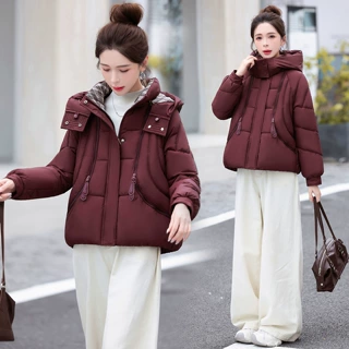 羽绒棉服女短款2026冬新款拼色连帽百搭棉袄防寒保暖面包服外套