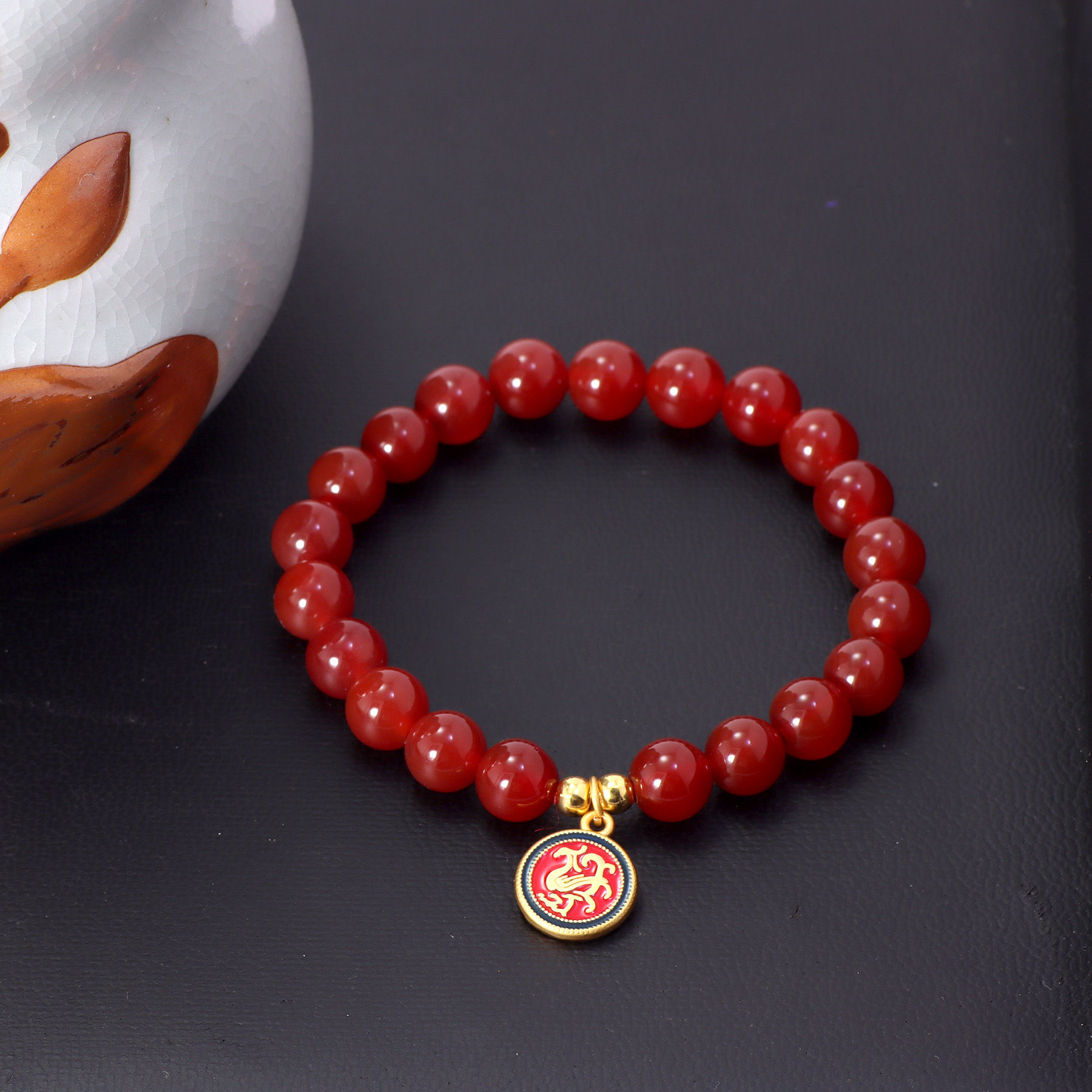 Pulseira de ágata vermelha natural para homem e mulher sorte_voghion.com