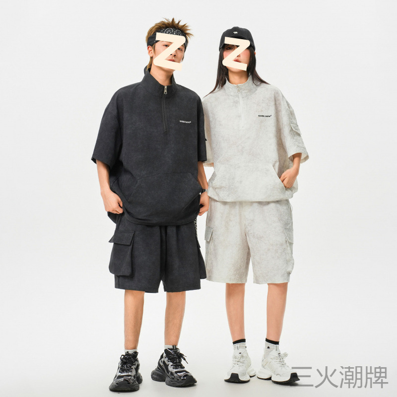 工厂直销夏季薄款透气运动套装男扎染短袖工装短裤套装情侣装潮流