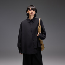 拓谷女装2025秋季新款日系潮牌长袖衬衫女黑色翻领衬衣不规则上衣