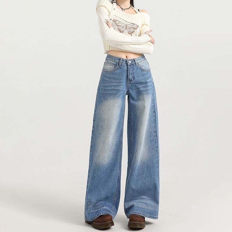 Light Color Washed Crease Wide Leg Jeans Women's Spring New Low Waist Loose Flesh Covering Slimming Straight Pants