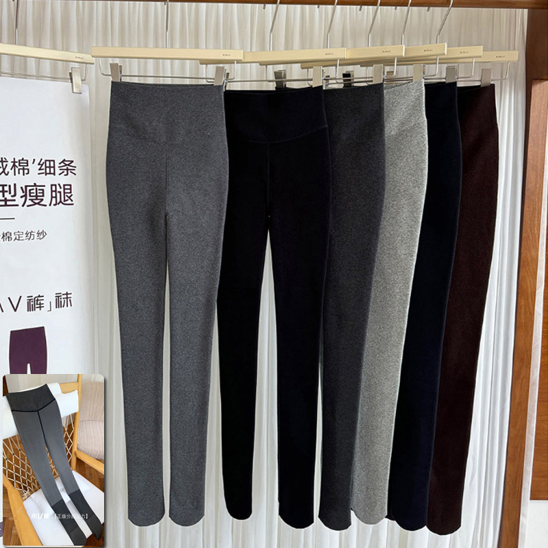 Segmented Pressure Pantyhose for Women in Autumn and Winter, Strong Pressure 350g Fleece-Lined Outer Wear, Warm Gray Leggings with Vertical Stripes