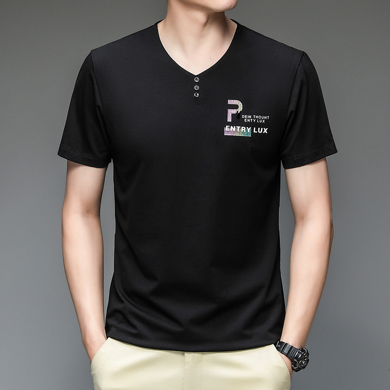 2023 Sommer V-Ausschnitt Kurzarm Baumwolle Mode Lässig Trendy Lose T-Shirt Herren Top Papa Dress Up_voghion.com