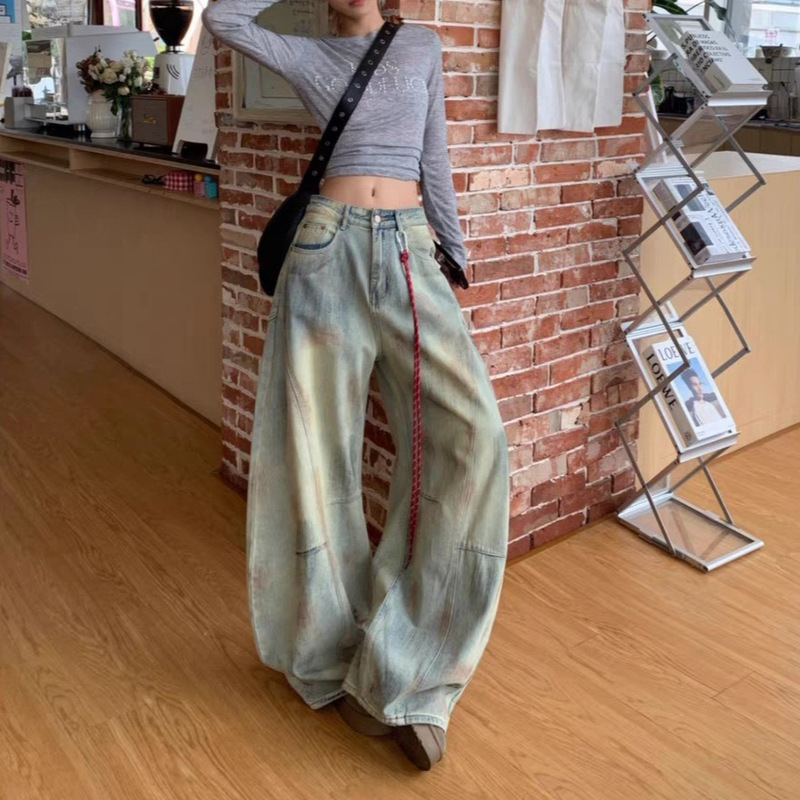 美式复古脏染弯刀裤牛仔裤女秋季设计感工装高腰宽松阔腿镰刀裤子|undefined