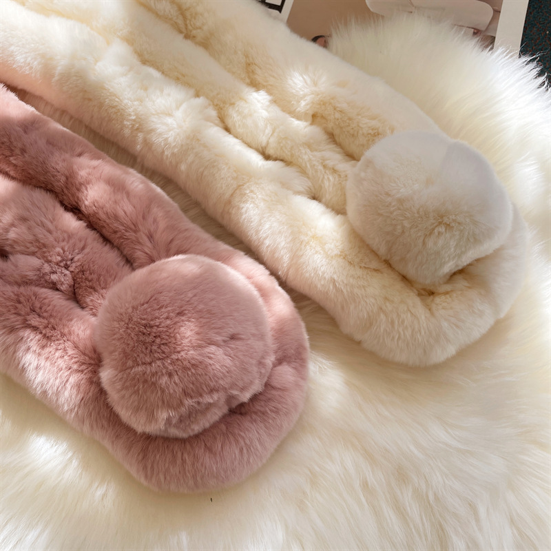 Écharpe en fourrure de renard avec pompons - étole en lapin douce_voghion.com