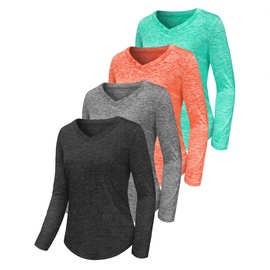 亚马逊跨境3-5件装女士长袖衬衫健身V领轻便快干宽松T恤运动上衣