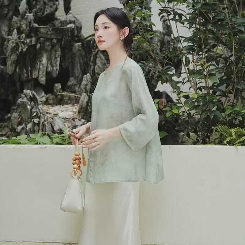 新中式佛系禅意女装大方得体清冷松弛感薄衫素衣半身裙两件套装春|undefined