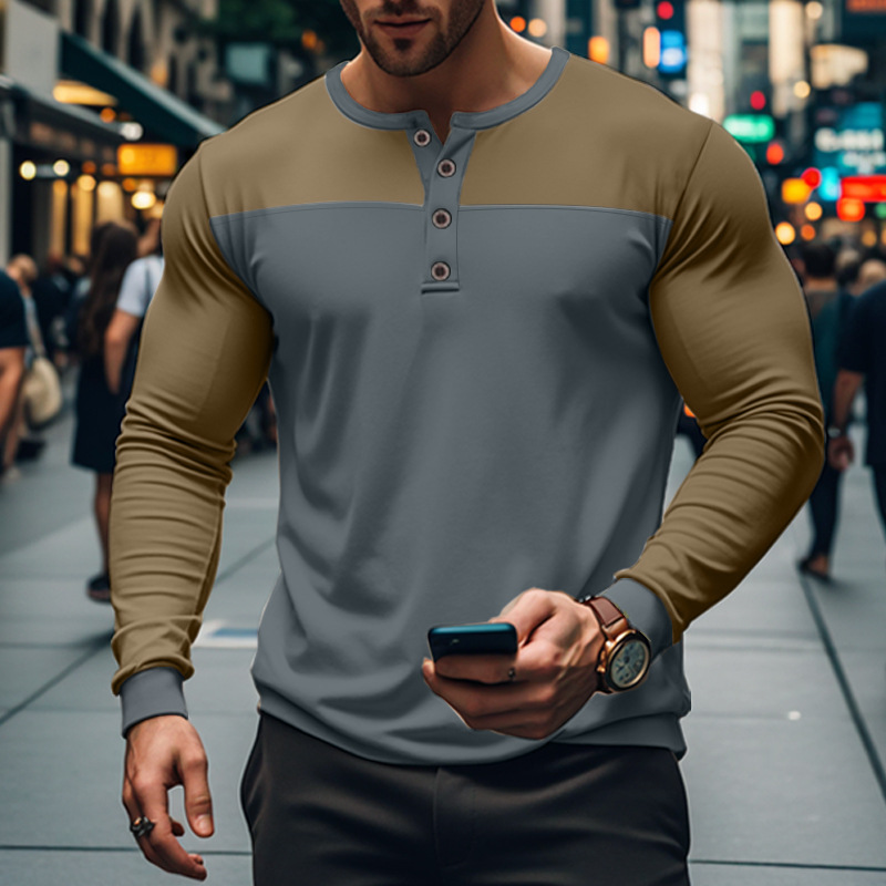 Camiseta masculina de manga comprida com gola Henry e blocos de cores para outono_voghion.com