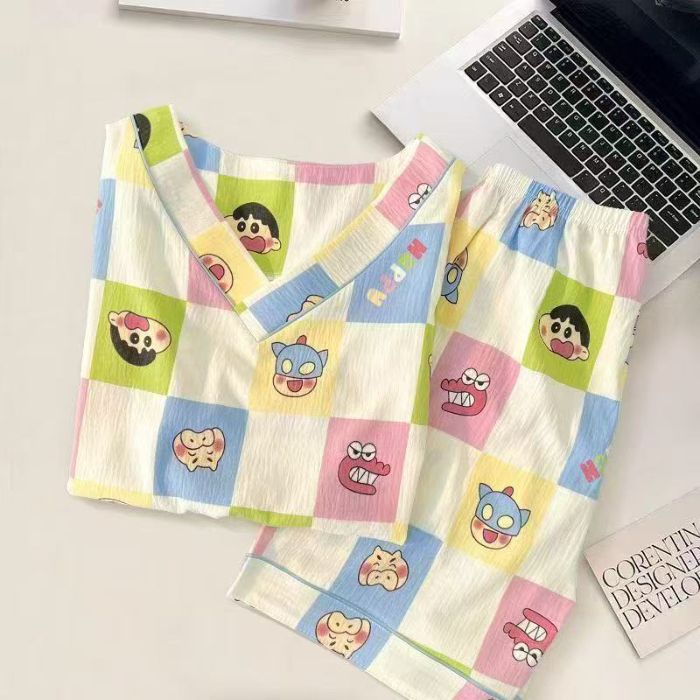 Vietnam transfronterizo transmisión en vivo estilo caliente verano con cuello en V nube pijamas de algodón pantalones de manga corta para mujer traje de servicio a domicilio para estudiantes de dibujos animados