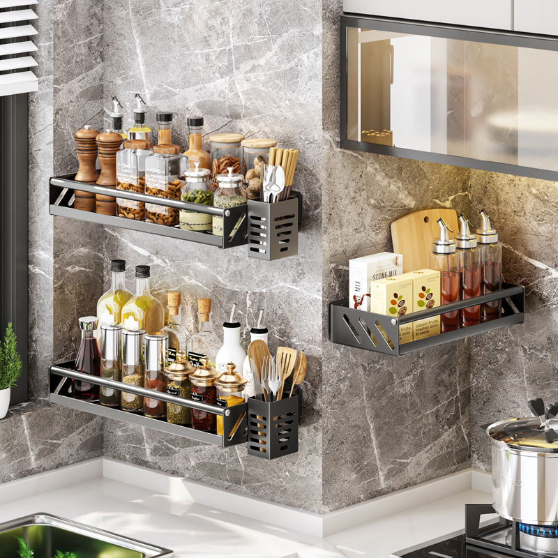 Support de cuisine en acier inoxydable, support mural anti-perforation, fournitures d'assaisonnement ménagères, support de rangement pour pots d'huile et de sel_voghion.com