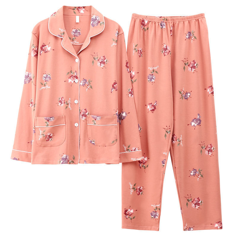 Pijamas de algodón puro primavera y otoño de las mujeres de manga larga más el tamaño cardigan traje de las madres de mediana edad y ancianos ropa de casa al aire libre