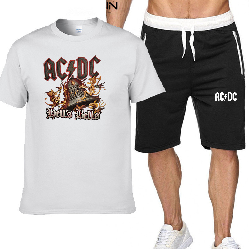 Short-Sleeved T-Shirt Suit Shorts Acdc Rock European and American Classic Band Heavy Metal Export Cross-Border Commemorative T-Shirt