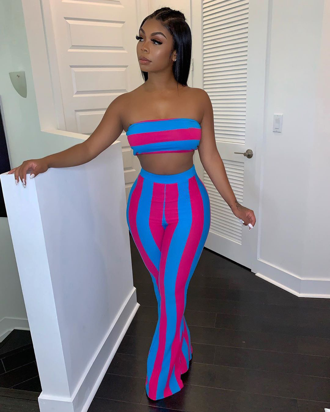 Damen Bandeau Oberteil Und Schlaghose Im Streifenlook Set_voghion.com