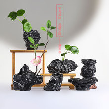 好石寨侘寂风陶瓷小花瓶茶桌摆件空间高级装饰黑陶仿石迷你花插器