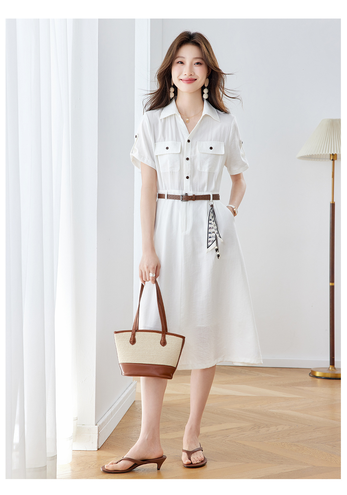 Đầm maxi nữ cổ bẻ thắt eo dáng suông kèm dây lưng — Xanh lông mòng đen, màu trắng chi tiết 21