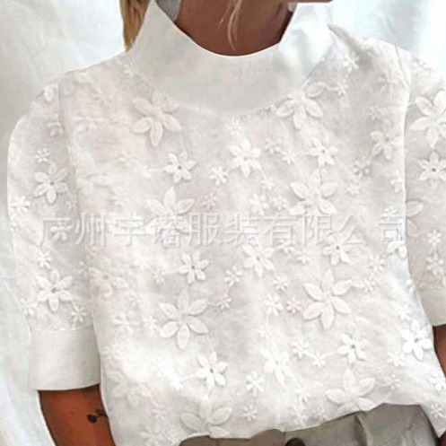 Amazon deseo AliExpress 2023 nuevas mujeres europeas y americanas de algodón y lino bordado solapa camisa manga corta en stock