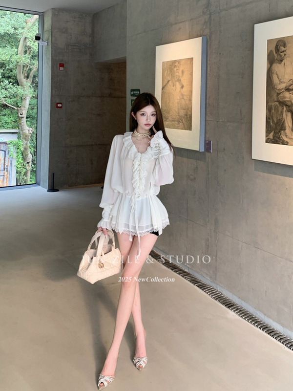 女士气质上衣秋装新款法式宫廷风甜美收腰雪纺衬衣长袖荷叶边衬衫|undefined