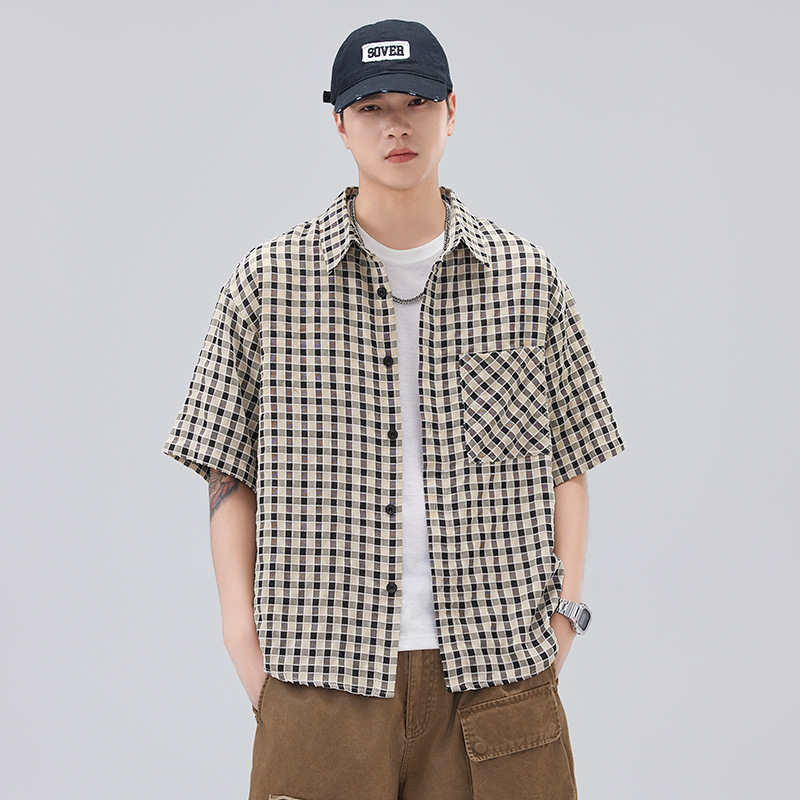 Danbani | Workwear Short-Sleeved Shirt Jacket Men's Japanese Loose Casual Trendy Shirt Black Blue Coffee